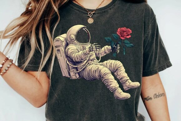 Download Astronaut Floating in Space Holding a Red Rose Cosmic Romantic Graphic Png - Romantic graphic Collection
